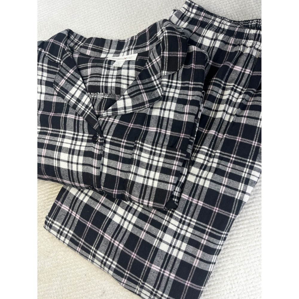 Dreams & Co. Womens 3X Black White Plaid Flannel Pajama Set 100% Cotton 15-1393